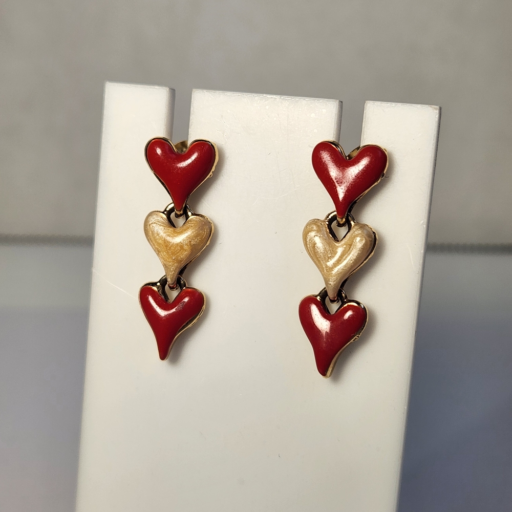 Signed! 80's Nostaligia!!! VTG Acrylic Red & Gold Puffy Heart Drop Stud Earrings